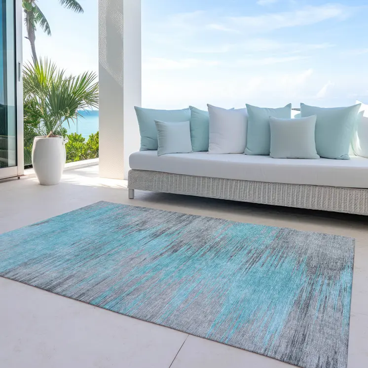 5' X 8' Teal Blue Charcoal And Gray Abstract Washable Indoor Outdoor Area Rug