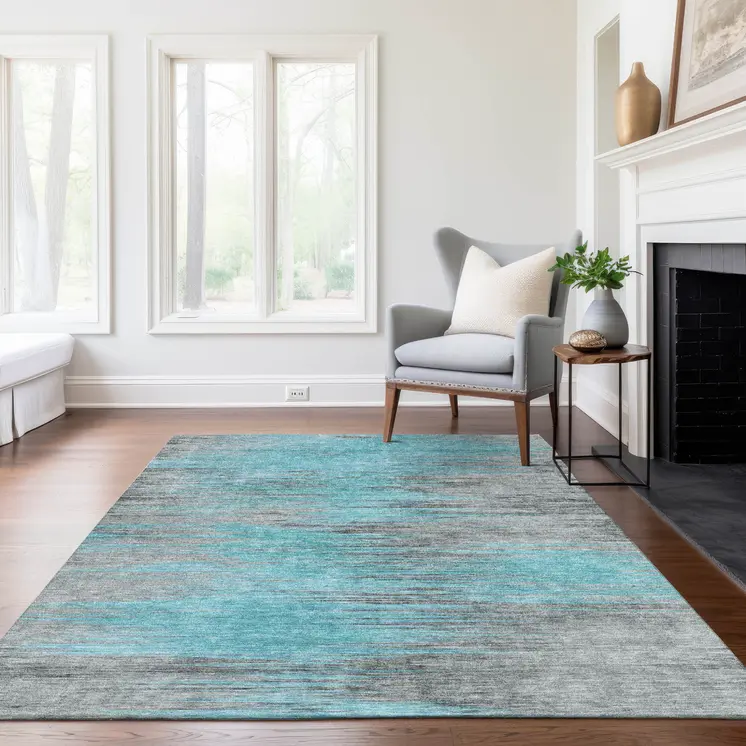5' X 8' Teal Blue Charcoal And Gray Abstract Washable Indoor Outdoor Area Rug
