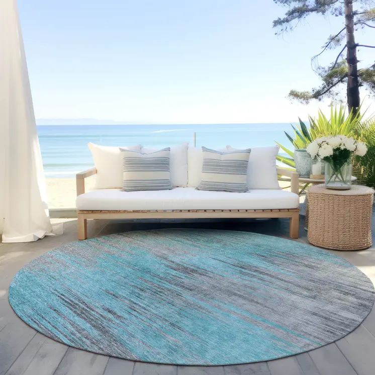 8' Teal Blue Charcoal And Gray Round Abstract Washable Indoor Outdoor Area Rug