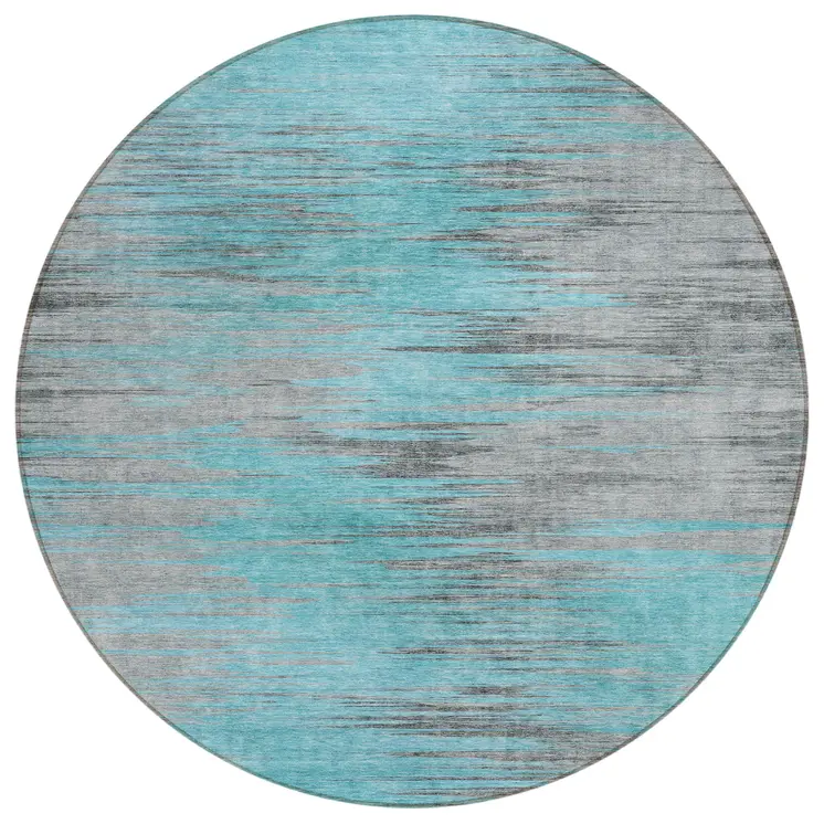 8' Teal Blue Charcoal And Gray Round Abstract Washable Indoor Outdoor Area Rug