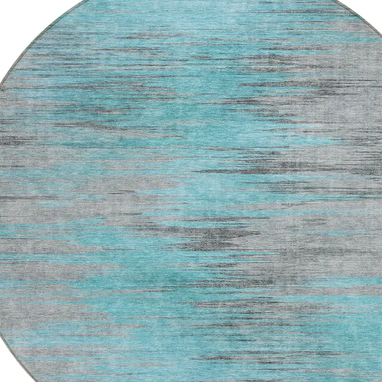 8' Teal Blue Charcoal And Gray Round Abstract Washable Indoor Outdoor Area Rug