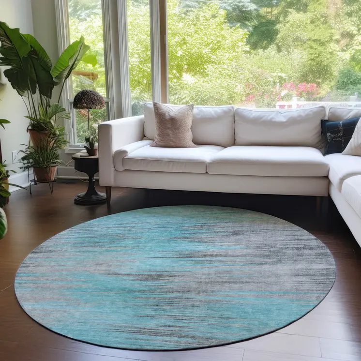 8' Teal Blue Charcoal And Gray Round Abstract Washable Indoor Outdoor Area Rug