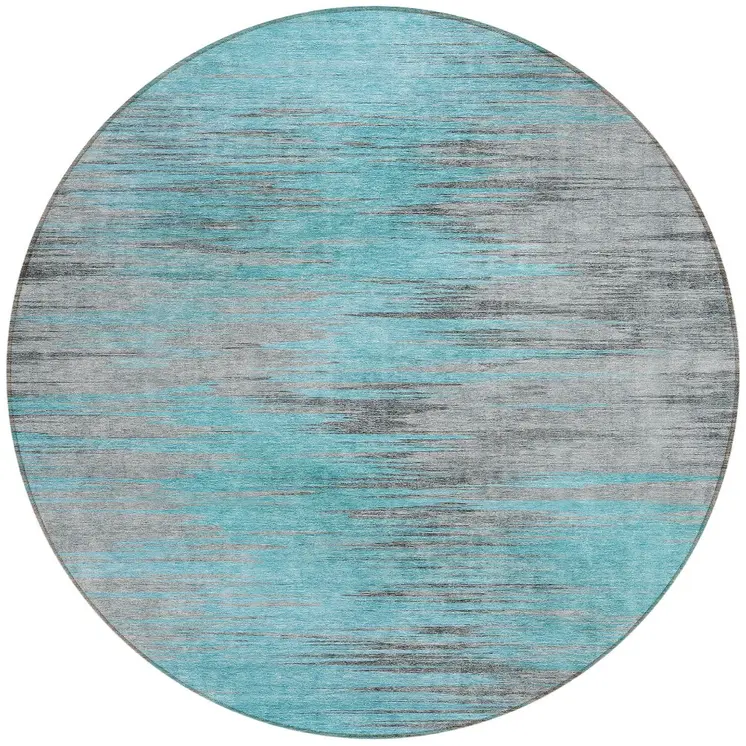 8' Teal Blue Charcoal And Gray Round Abstract Washable Indoor Outdoor Area Rug