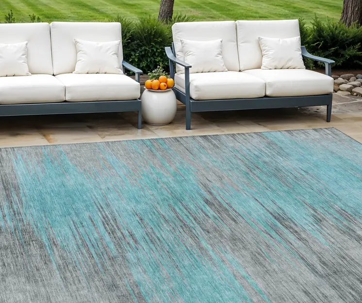 9' X 12' Teal Blue Charcoal And Gray Abstract Washable Indoor Outdoor Area Rug