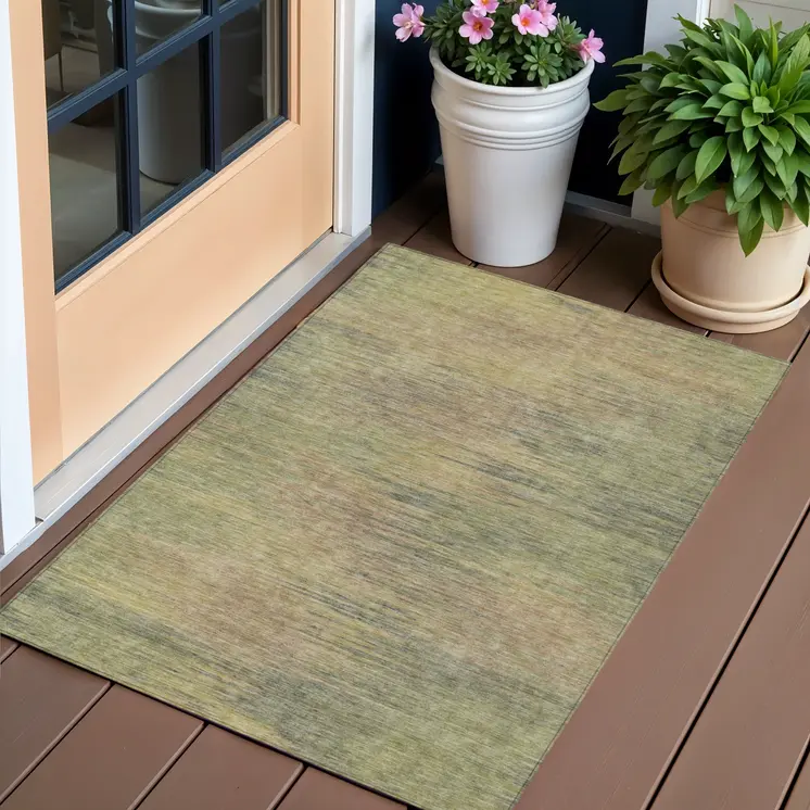3' X 5' Artichoke Green Fern Green And Gold Abstract Washable Indoor Outdoor Area Rug