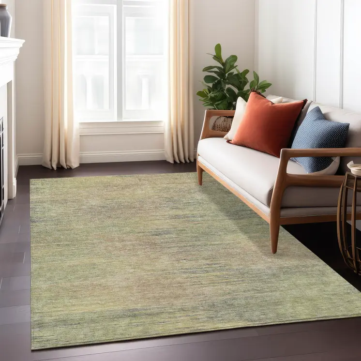 3' X 5' Artichoke Green Fern Green And Gold Abstract Washable Indoor Outdoor Area Rug
