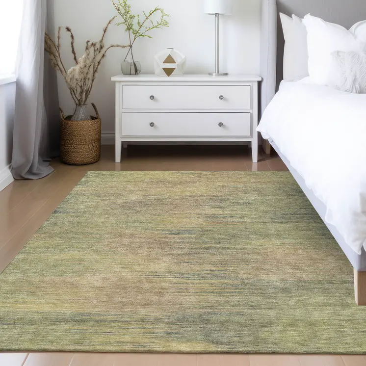 5' X 8' Artichoke Green Fern Green And Gold Abstract Washable Indoor Outdoor Area Rug