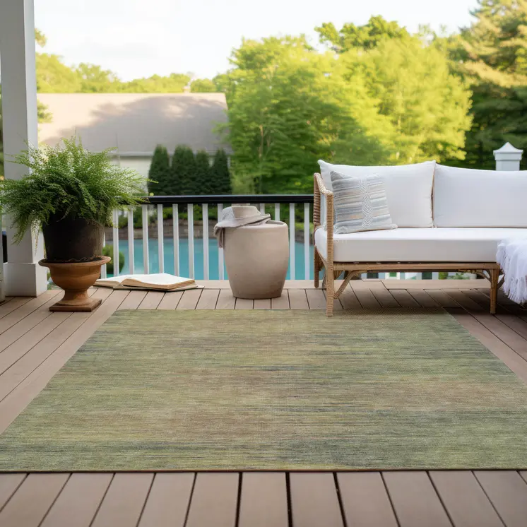 5' X 8' Artichoke Green Fern Green And Gold Abstract Washable Indoor Outdoor Area Rug
