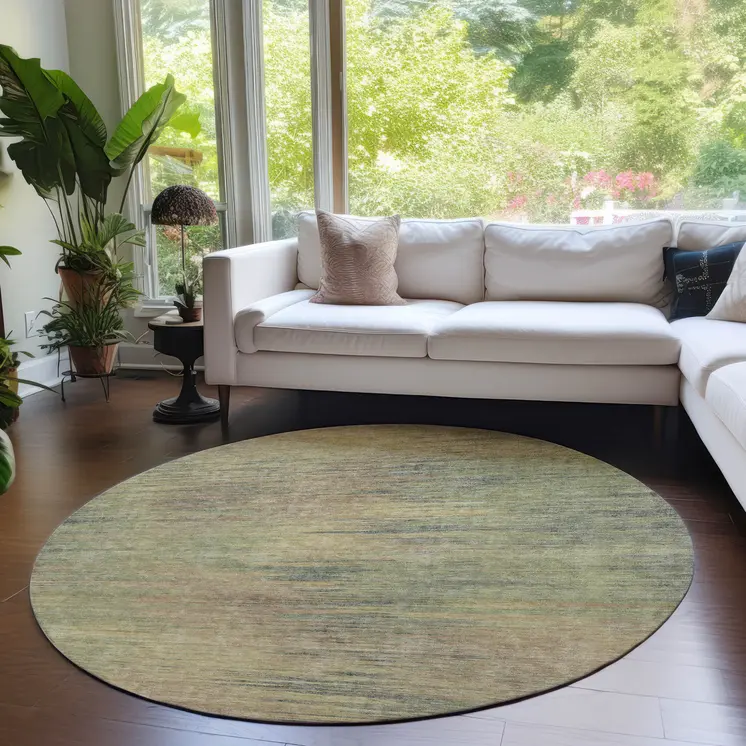 8' Artichoke Green Fern Green And Gold Round Abstract Washable Indoor Outdoor Area Rug