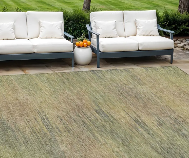 9' X 12' Artichoke Green Fern Green And Gold Abstract Washable Indoor Outdoor Area Rug