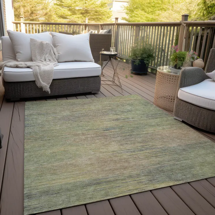 9' X 12' Artichoke Green Fern Green And Gold Abstract Washable Indoor Outdoor Area Rug
