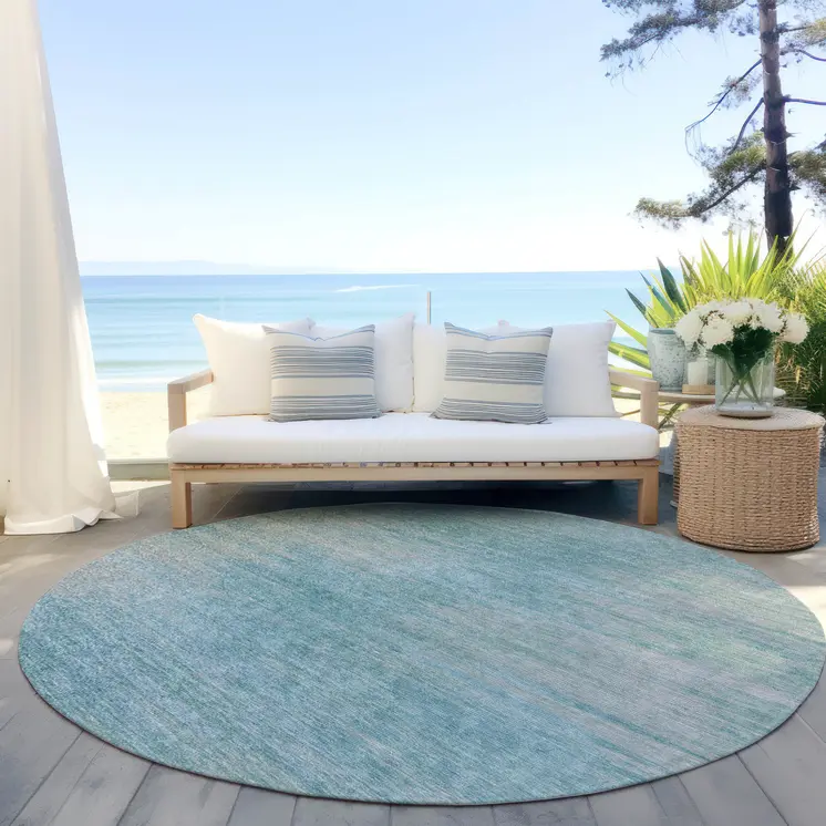 8' Aqua Teal Blue And Gray Round Abstract Washable Indoor Outdoor Area Rug
