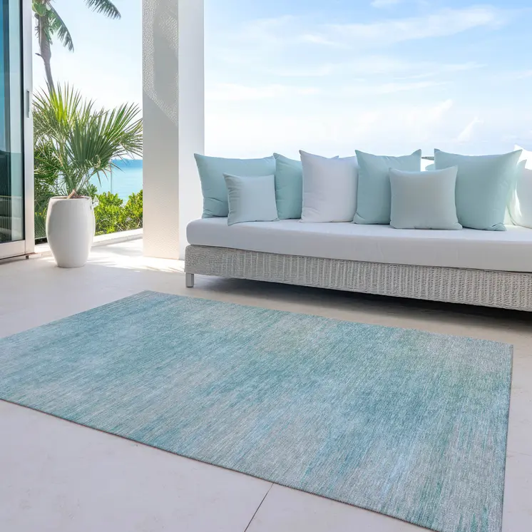 8' X 10' Aqua Teal Blue And Gray Abstract Washable Indoor Outdoor Area Rug