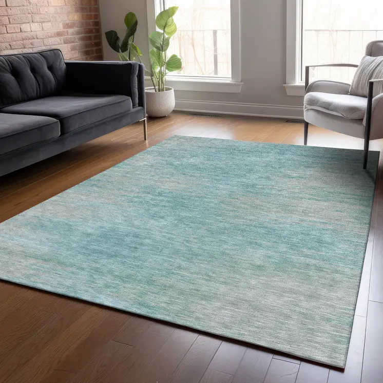 8' X 10' Aqua Teal Blue And Gray Abstract Washable Indoor Outdoor Area Rug