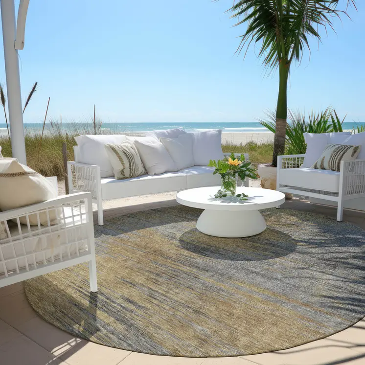 8' Brown Gold And Taupe Round Abstract Washable Indoor Outdoor Area Rug