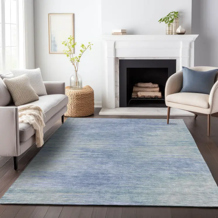 8' X 10' Denim Blue And Sky Blue Abstract Washable Indoor Outdoor Area Rug
