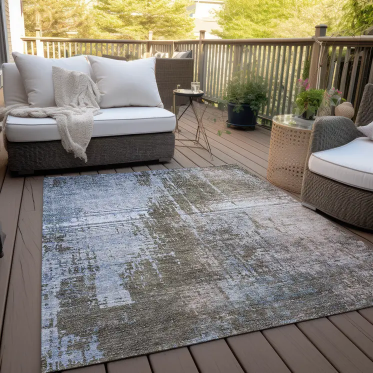 3' X 5' Brown Taupe And Navy Blue Abstract Washable Indoor Outdoor Area Rug