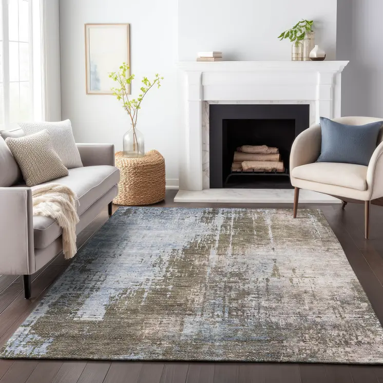 3' X 5' Brown Taupe And Navy Blue Abstract Washable Indoor Outdoor Area Rug