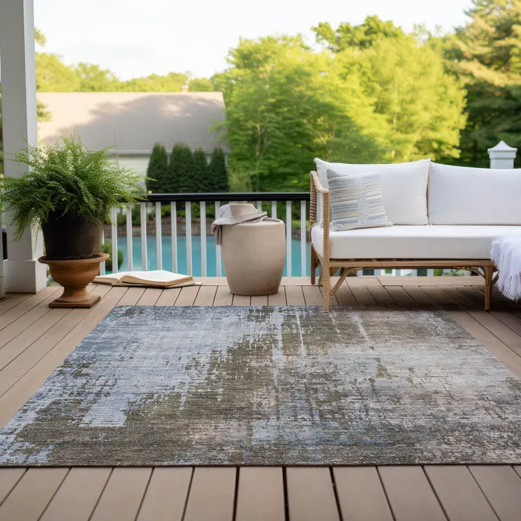 3' X 5' Brown Taupe And Navy Blue Abstract Washable Indoor Outdoor Area Rug