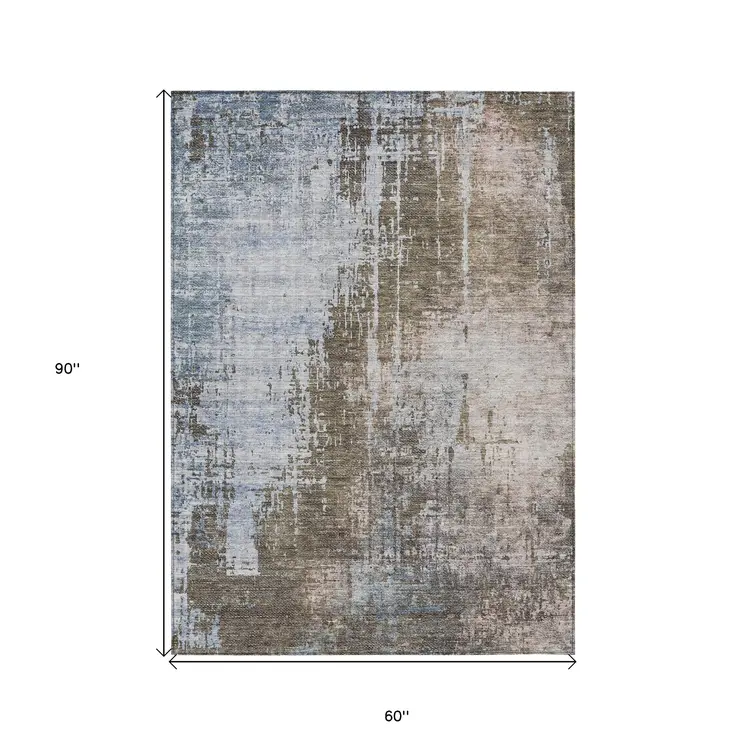 5' X 8' Brown Taupe And Navy Blue Abstract Washable Indoor Outdoor Area Rug