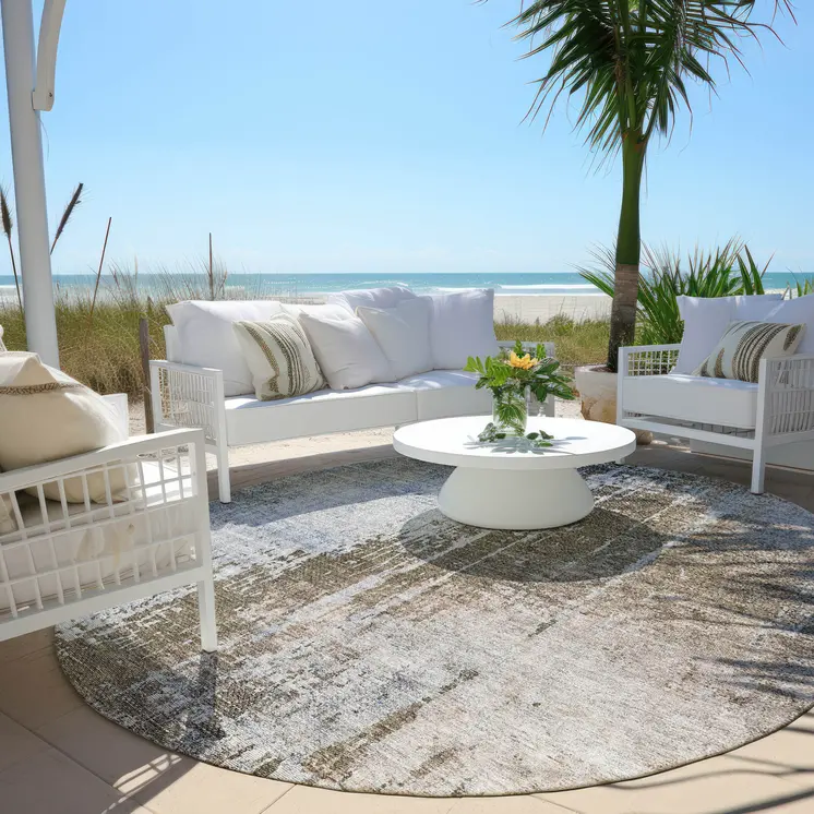 8' Brown Taupe And Navy Blue Round Abstract Washable Indoor Outdoor Area Rug