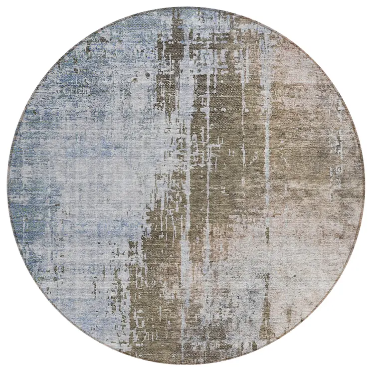 8' Brown Taupe And Navy Blue Round Abstract Washable Indoor Outdoor Area Rug