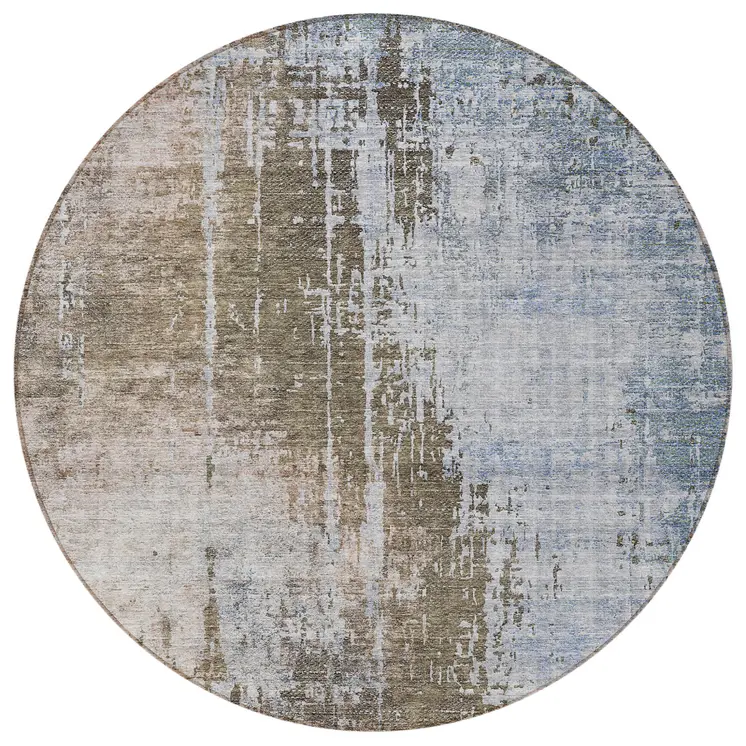 8' Brown Taupe And Navy Blue Round Abstract Washable Indoor Outdoor Area Rug