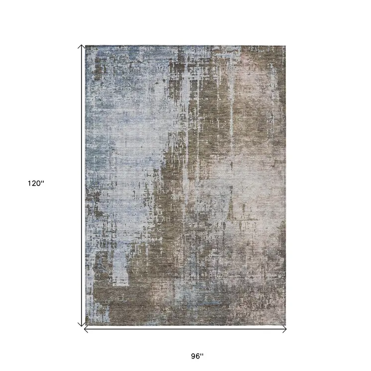 8' X 10' Brown Taupe And Navy Blue Abstract Washable Indoor Outdoor Area Rug