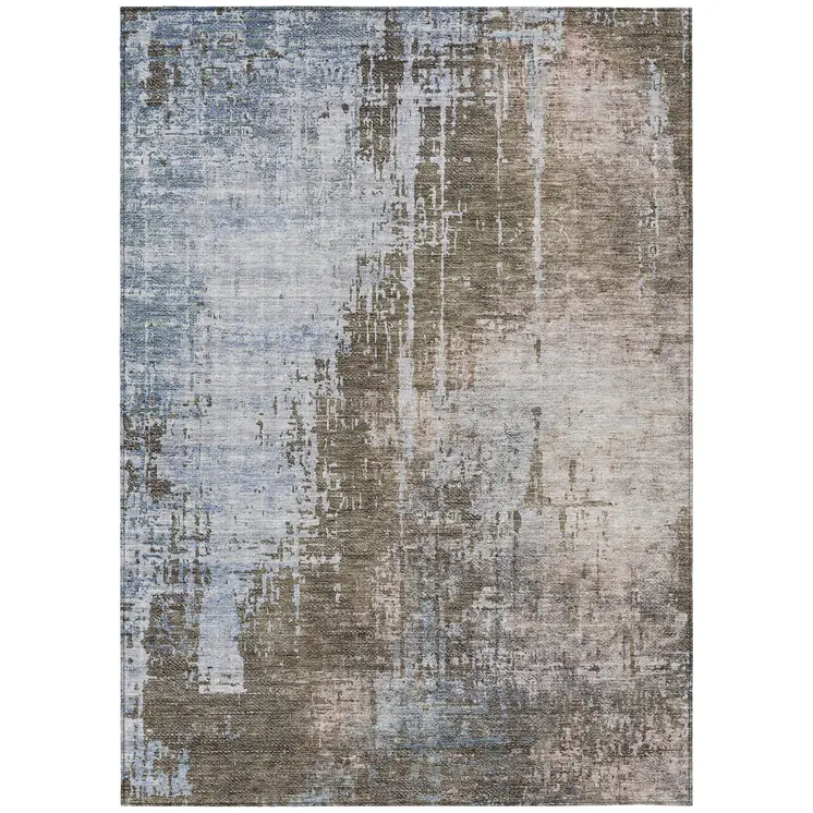 10' X 14' Brown Taupe And Navy Blue Abstract Washable Indoor Outdoor Area Rug