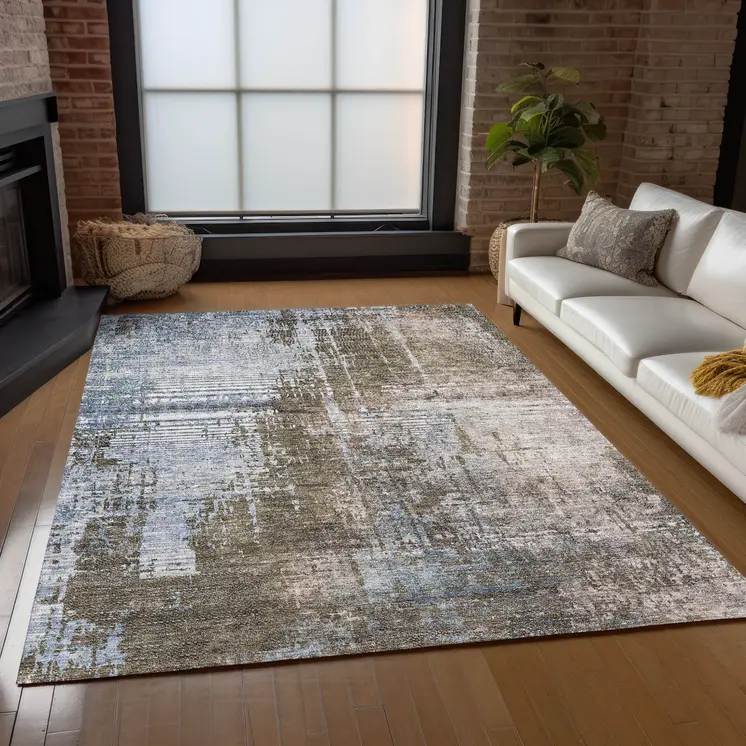 10' X 14' Brown Taupe And Navy Blue Abstract Washable Indoor Outdoor Area Rug