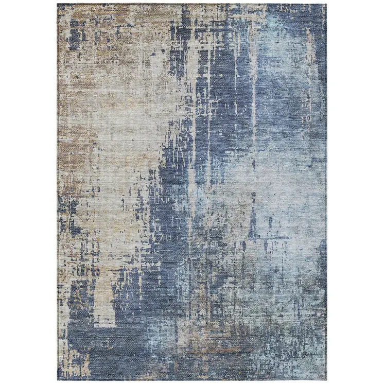 9' X 12' Navy Blue And Taupe Abstract Washable Indoor Outdoor Area Rug