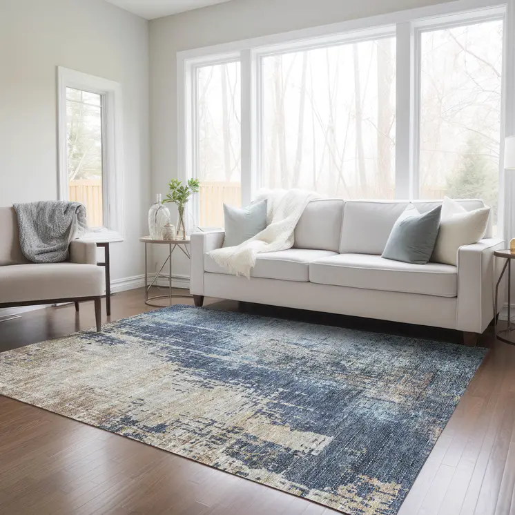 9' X 12' Navy Blue And Taupe Abstract Washable Indoor Outdoor Area Rug