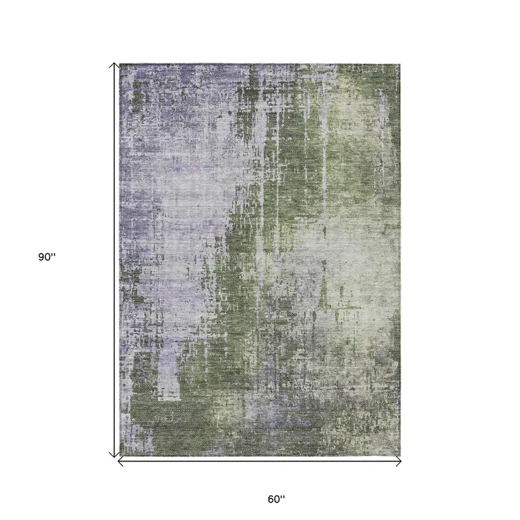 5' X 8' Olive Green And Purple Abstract Washable Indoor Outdoor Area Rug