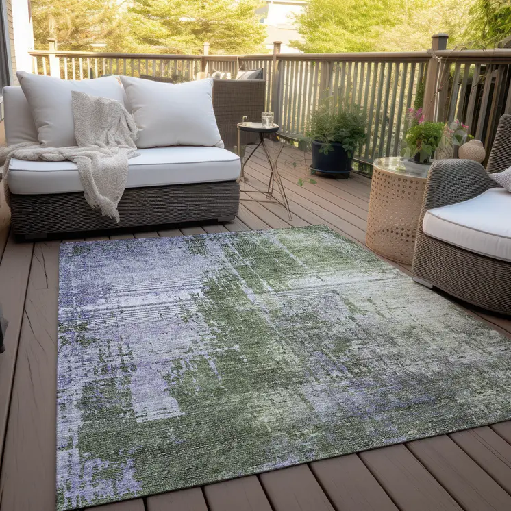 5' X 8' Olive Green And Purple Abstract Washable Indoor Outdoor Area Rug