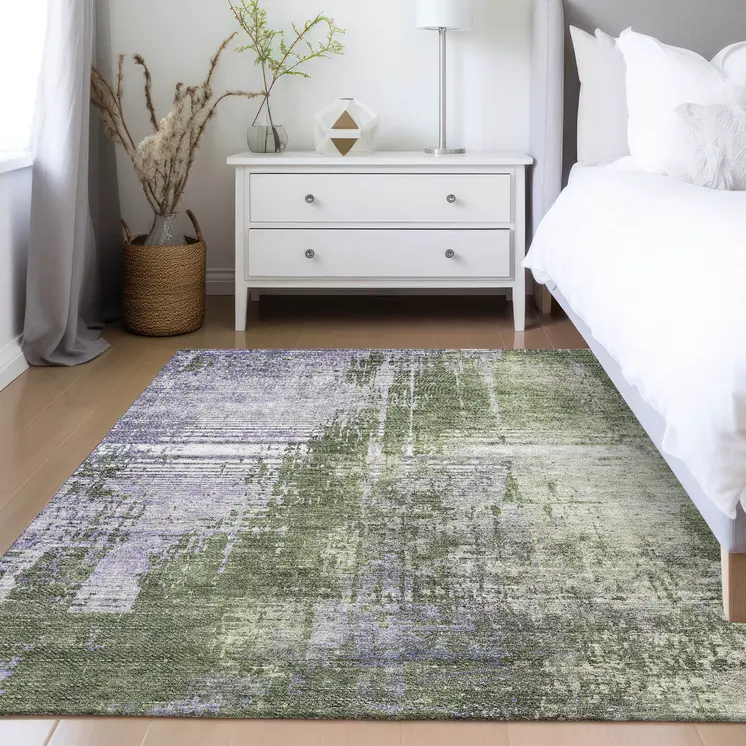 5' X 8' Olive Green And Purple Abstract Washable Indoor Outdoor Area Rug