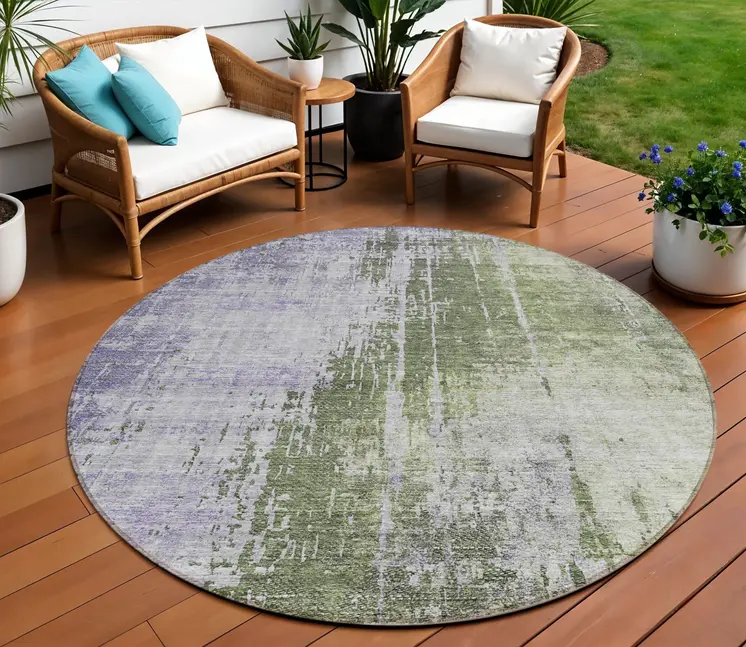 8' Olive Green And Purple Round Abstract Washable Indoor Outdoor Area Rug