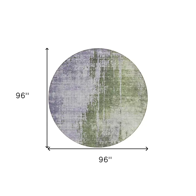 8' Olive Green And Purple Round Abstract Washable Indoor Outdoor Area Rug