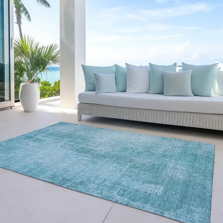 9' X 12' Aqua Teal Blue And Gray Abstract Washable Indoor Outdoor Area Rug