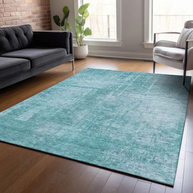 9' X 12' Aqua Teal Blue And Gray Abstract Washable Indoor Outdoor Area Rug