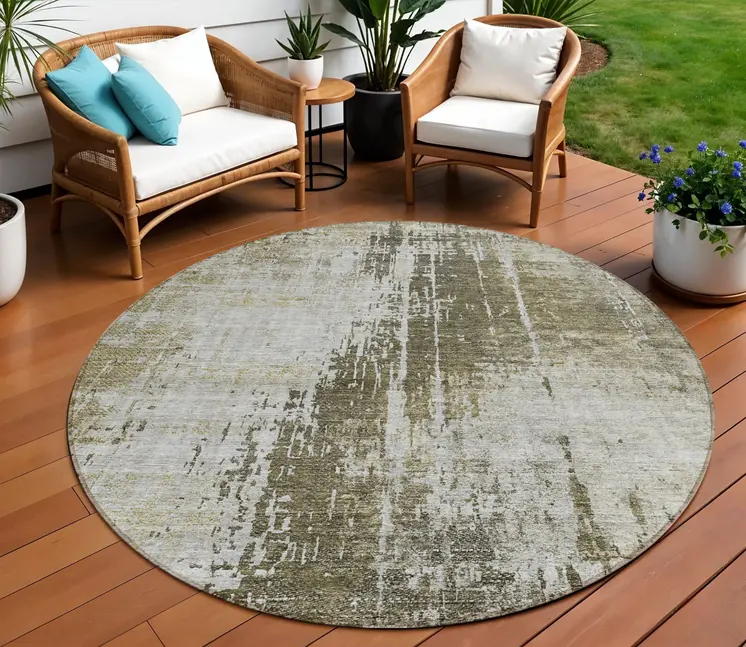8' Brown And Tan Round Abstract Washable Indoor Outdoor Area Rug