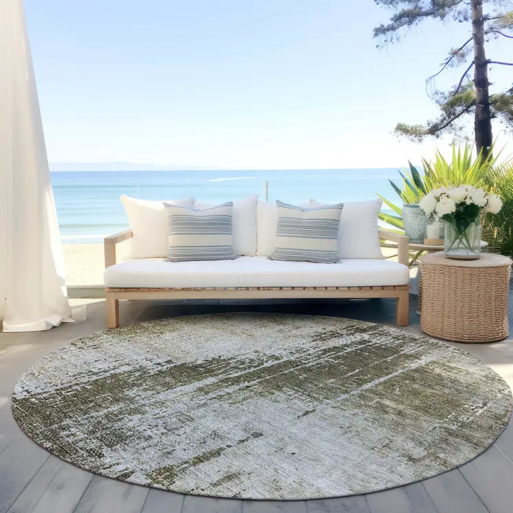 8' Brown And Tan Round Abstract Washable Indoor Outdoor Area Rug