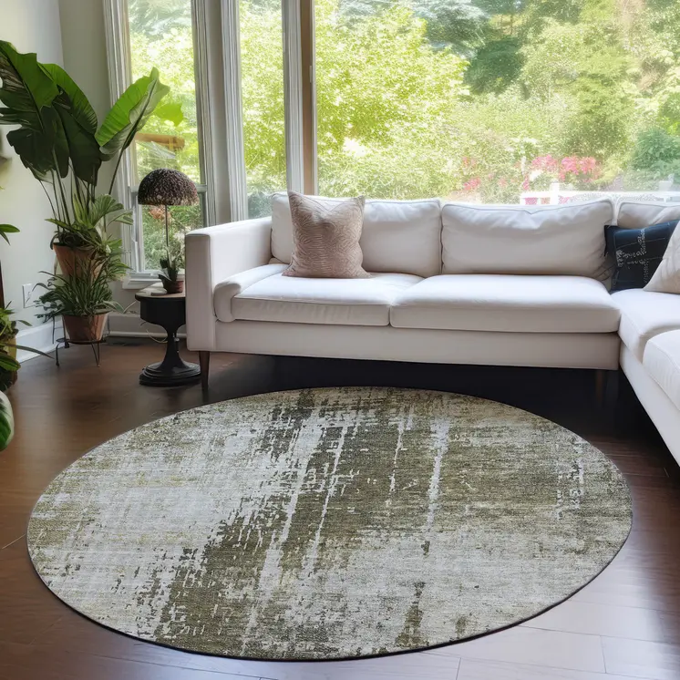 8' Brown And Tan Round Abstract Washable Indoor Outdoor Area Rug