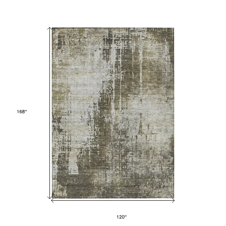 10' X 14' Brown And Tan Abstract Washable Indoor Outdoor Area Rug