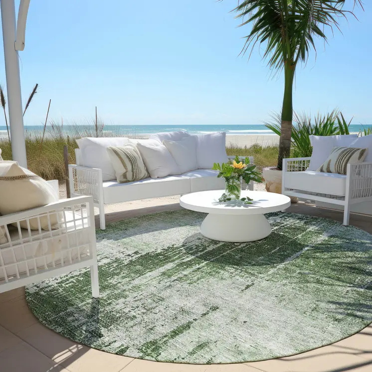 8' Fern Green And Green Round Abstract Washable Indoor Outdoor Area Rug