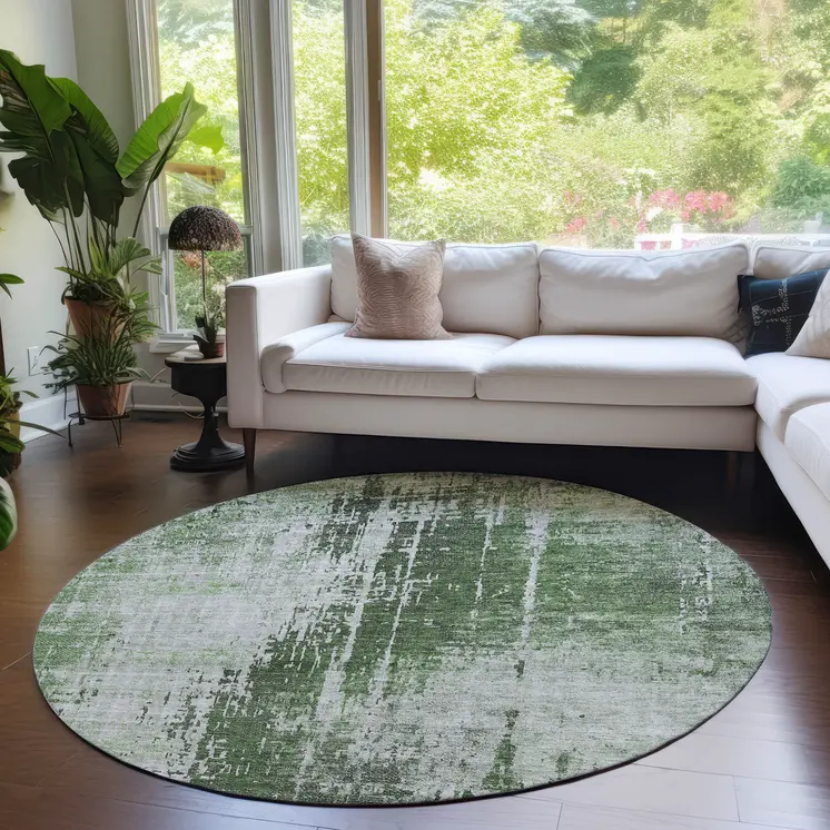 8' Fern Green And Green Round Abstract Washable Indoor Outdoor Area Rug