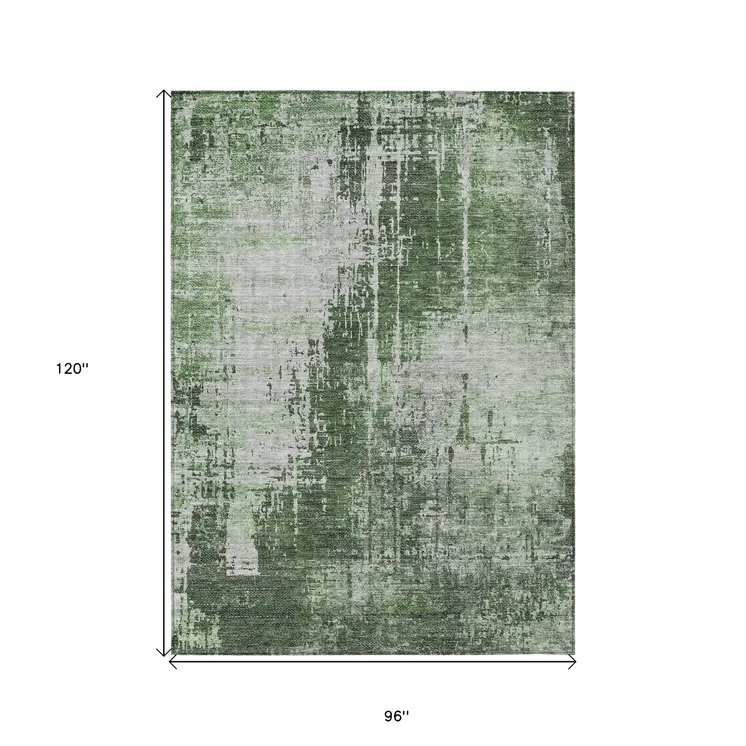 8' X 10' Fern Green And Green Abstract Washable Indoor Outdoor Area Rug