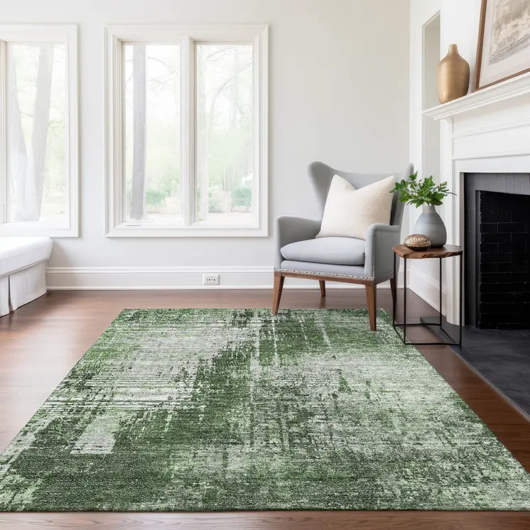 8' X 10' Fern Green And Green Abstract Washable Indoor Outdoor Area Rug