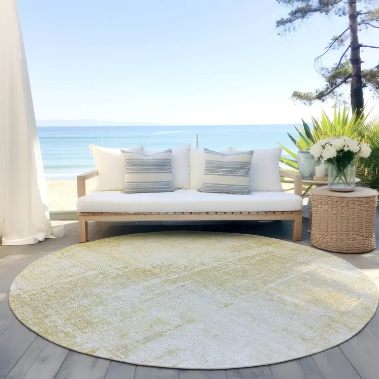 8' Gold Ivory And Beige Round Abstract Washable Indoor Outdoor Area Rug