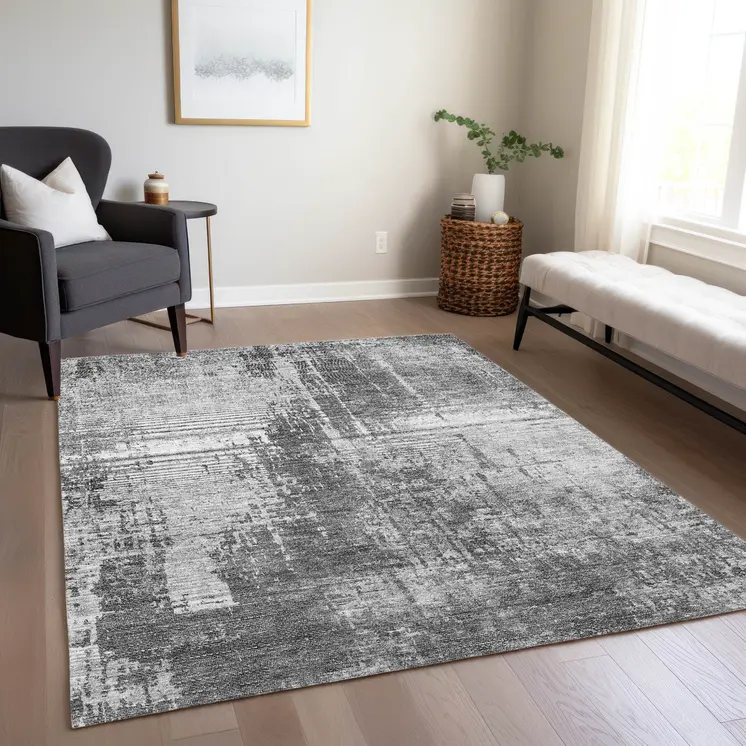 3' X 5' Gray Charcoal And Silver Abstract Washable Indoor Outdoor Area Rug