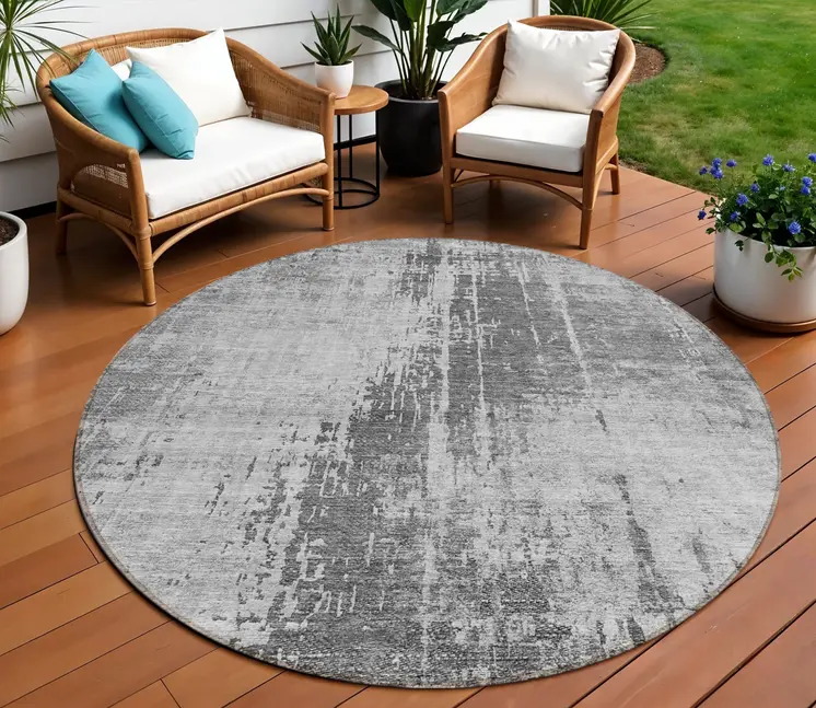 8' Gray Charcoal And Silver Round Abstract Washable Indoor Outdoor Area Rug